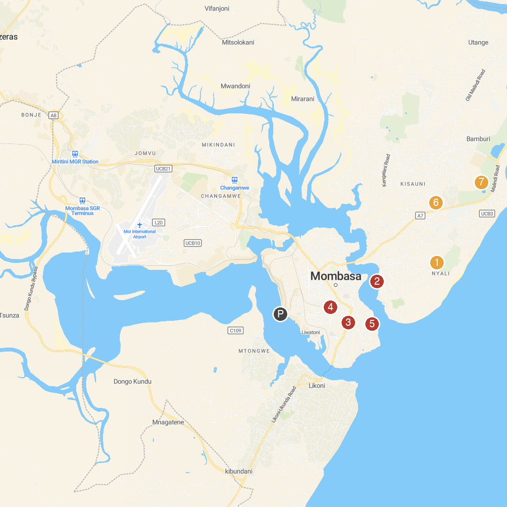 Mombasa, Coast Province, Kenya map with numbered points of interest