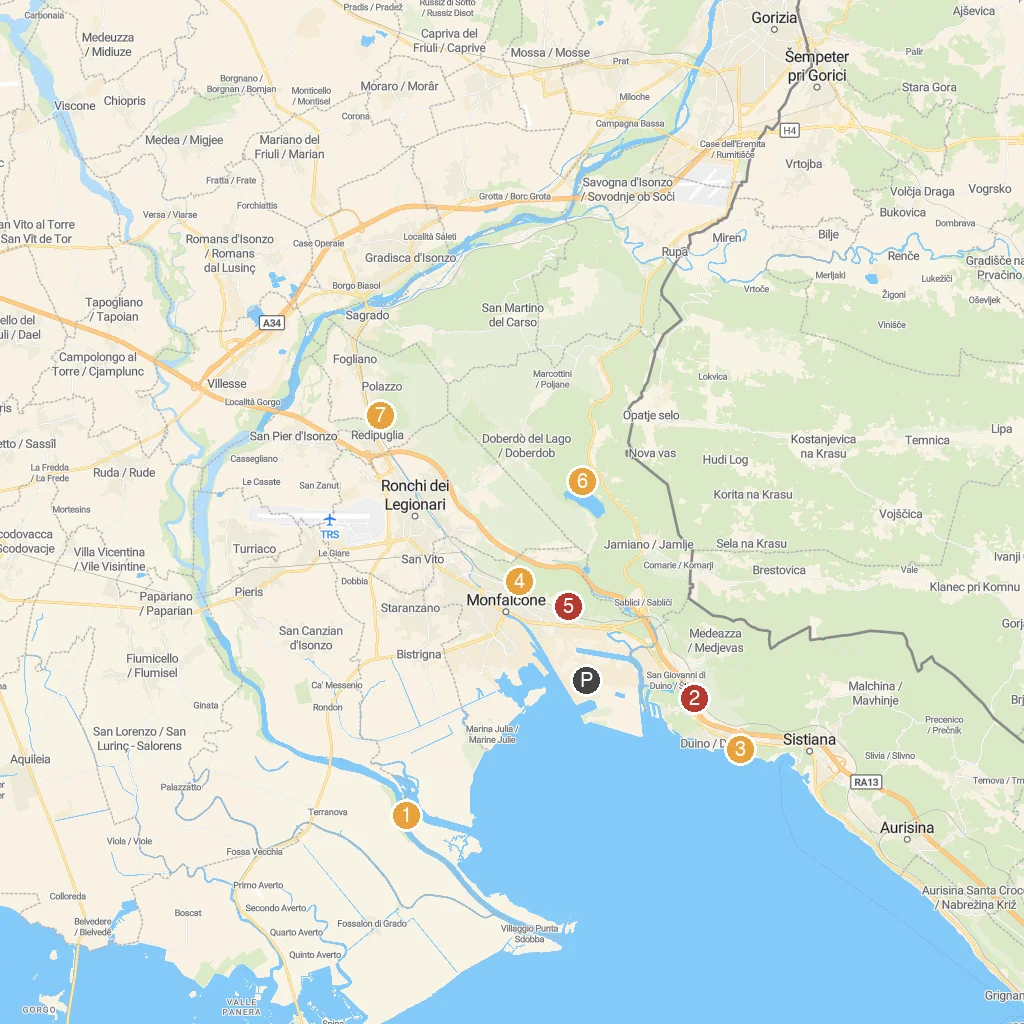 Monfalcone, Friuli Venezia Giulia, Italy map with numbered points of interest
