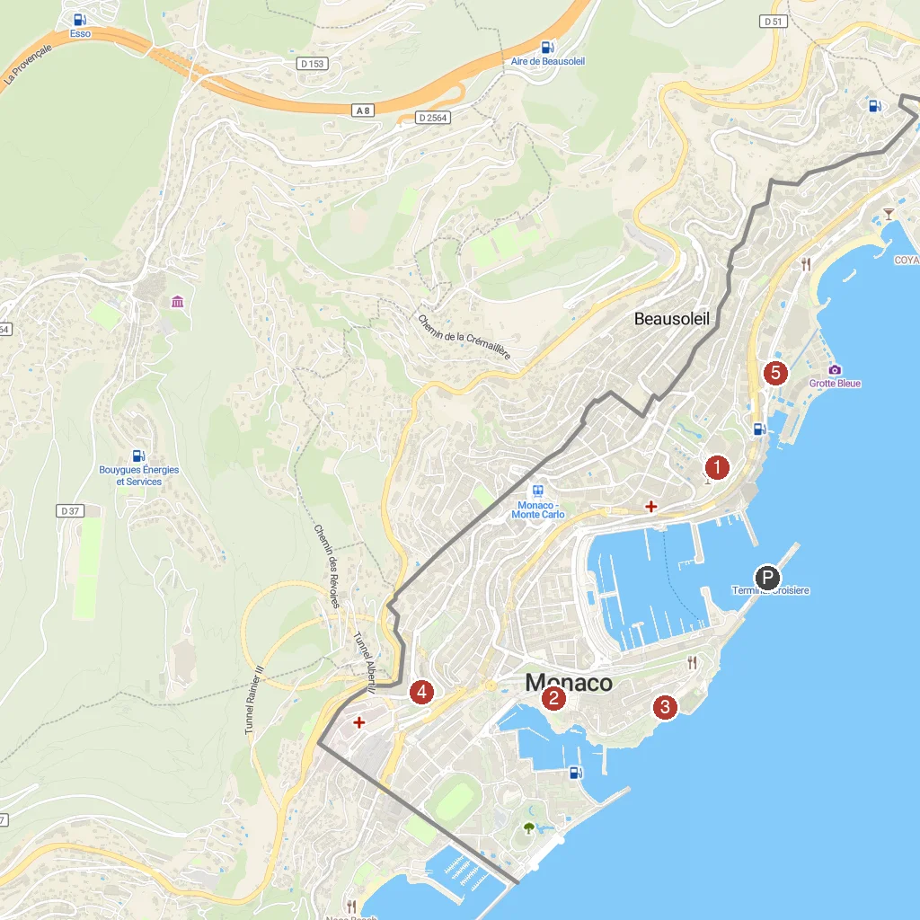 Monte Carlo, Monaco map with numbered points of interest