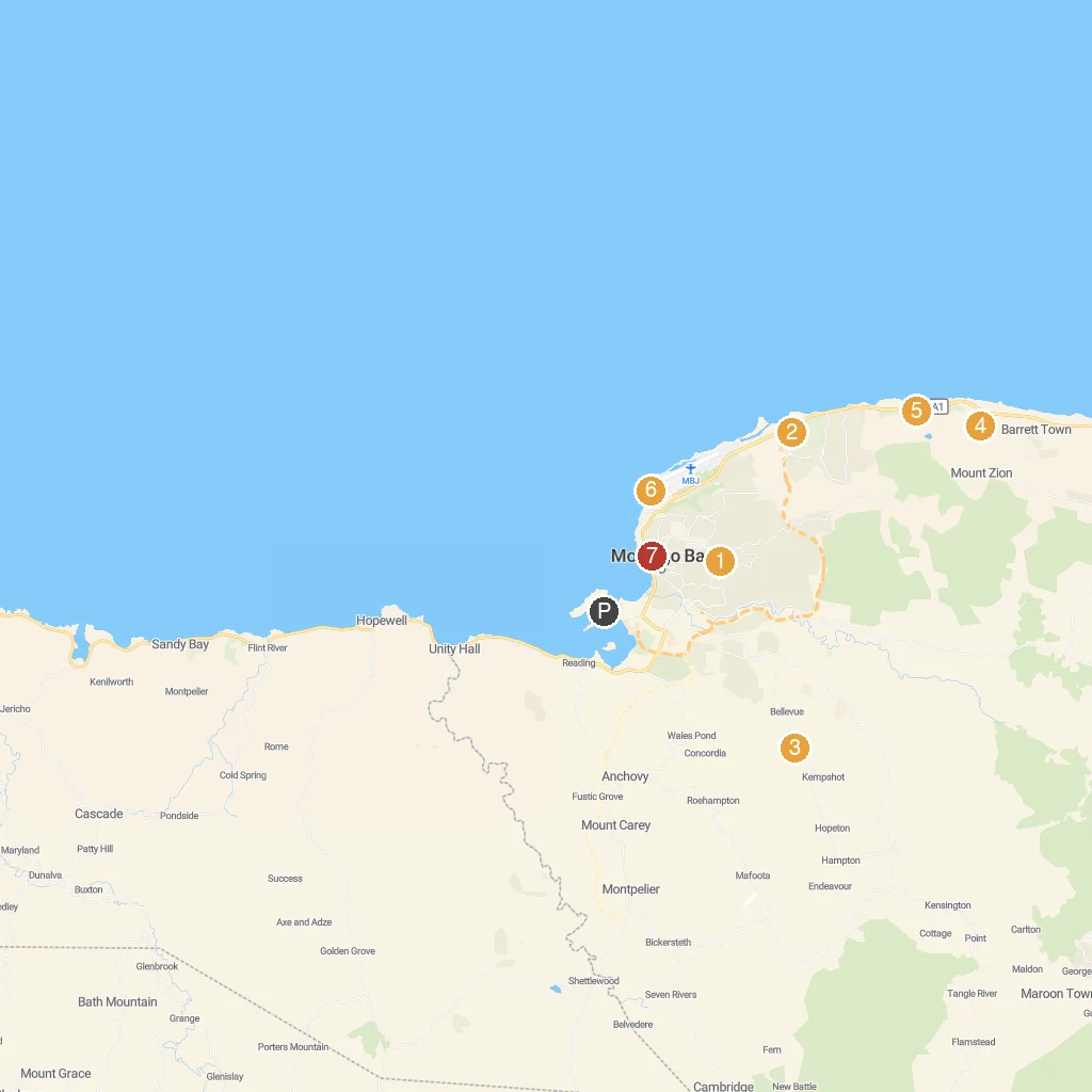 Montego Bay, Jamaica map with numbered points of interest