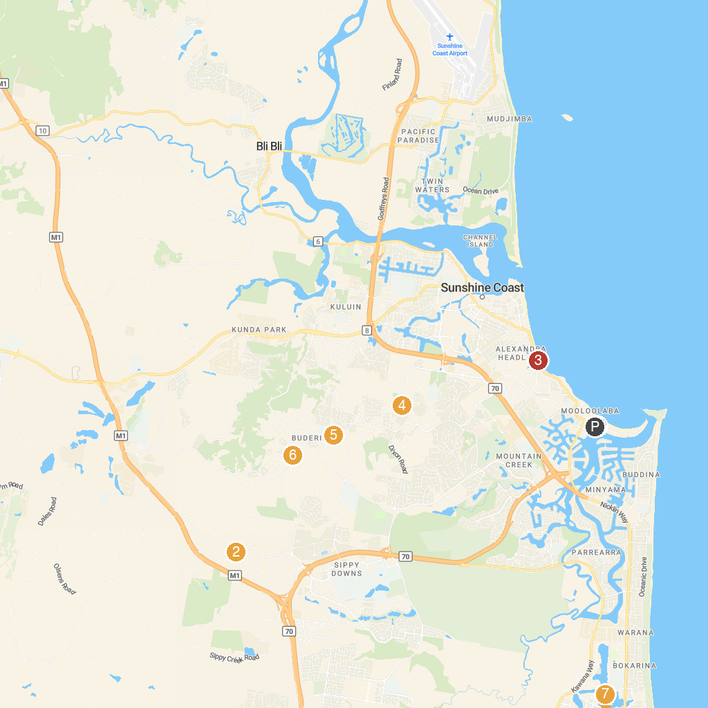 Mooloolaba, Queensland, Australia map with numbered points of interest