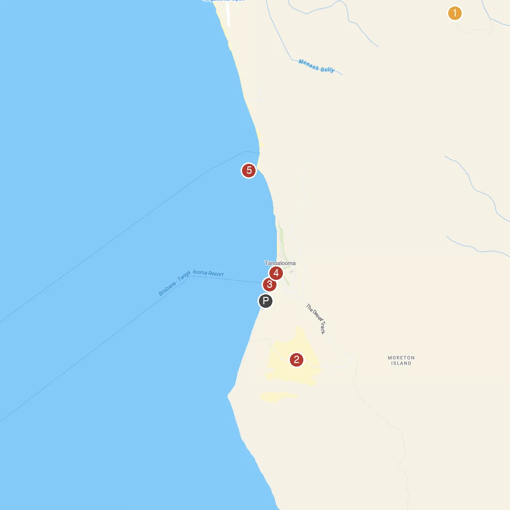 Moreton Island, Queensland, Australia map with numbered points of interest