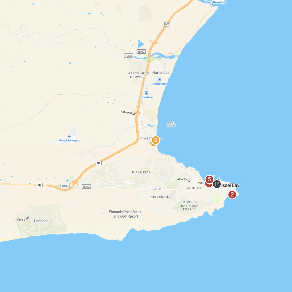 Mossel Bay, Western Cape, South Africa map with numbered points of interest