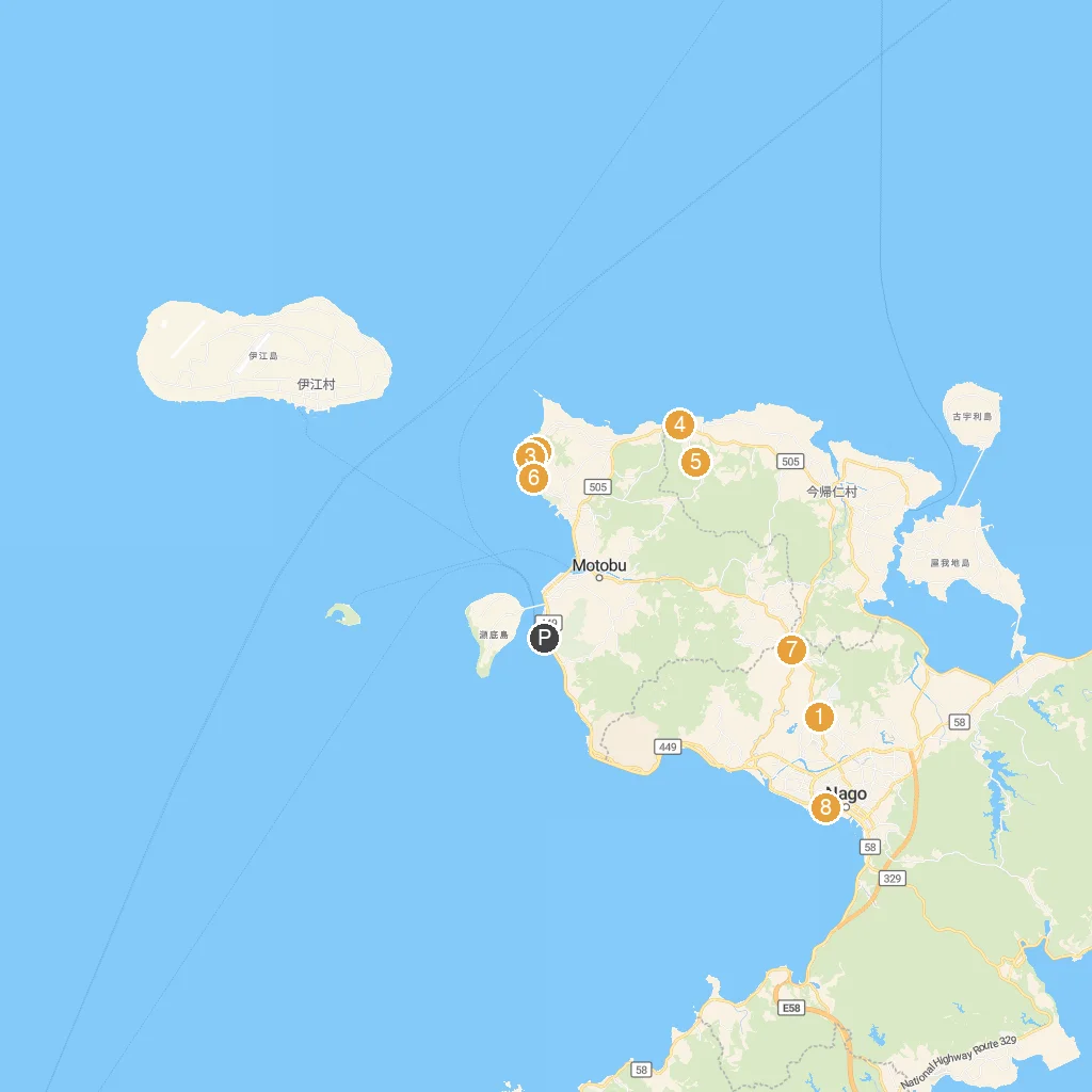 Motobu, Okinawa, Japan map with numbered points of interest