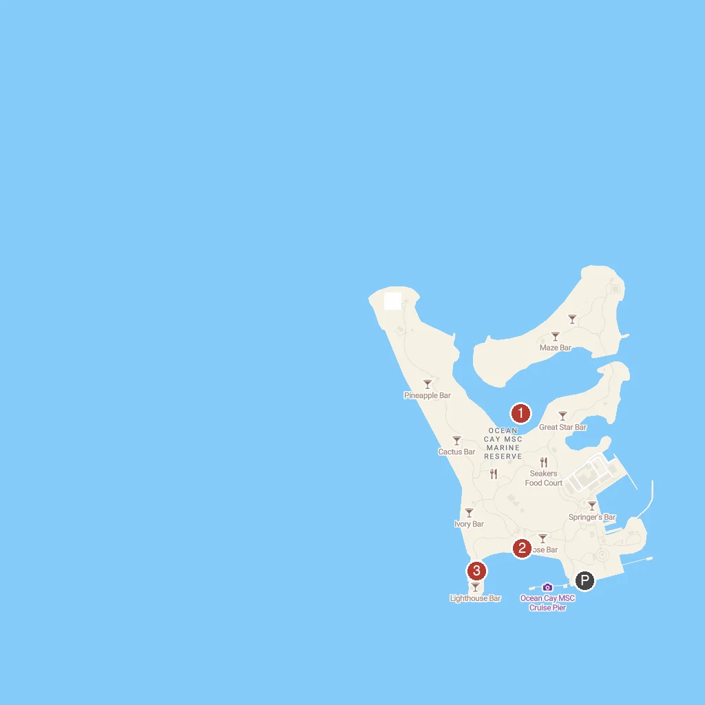 MSC Ocean Cay, Bahamas map with numbered points of interest