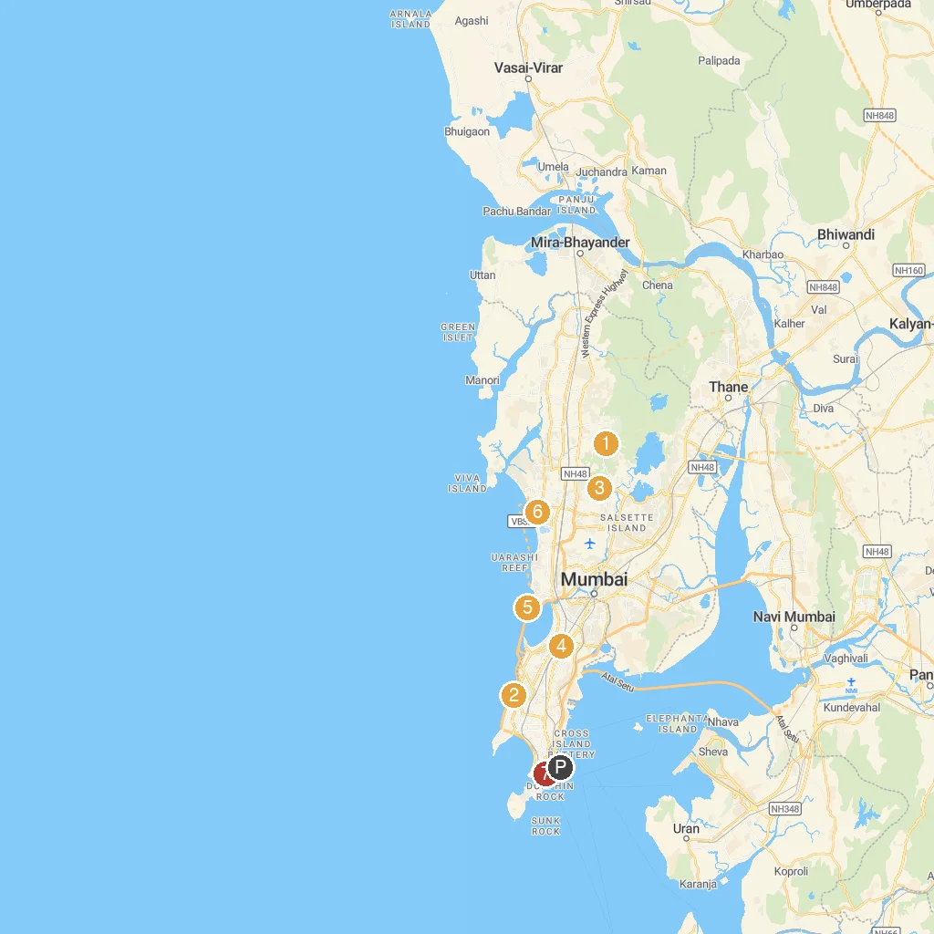 Mumbai, Maharashtra, India map with numbered points of interest