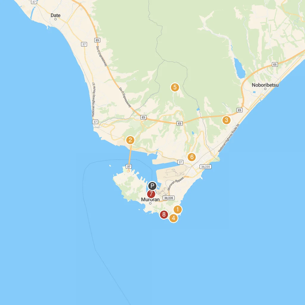 Muroran, Hokkaido, Japan map with numbered points of interest