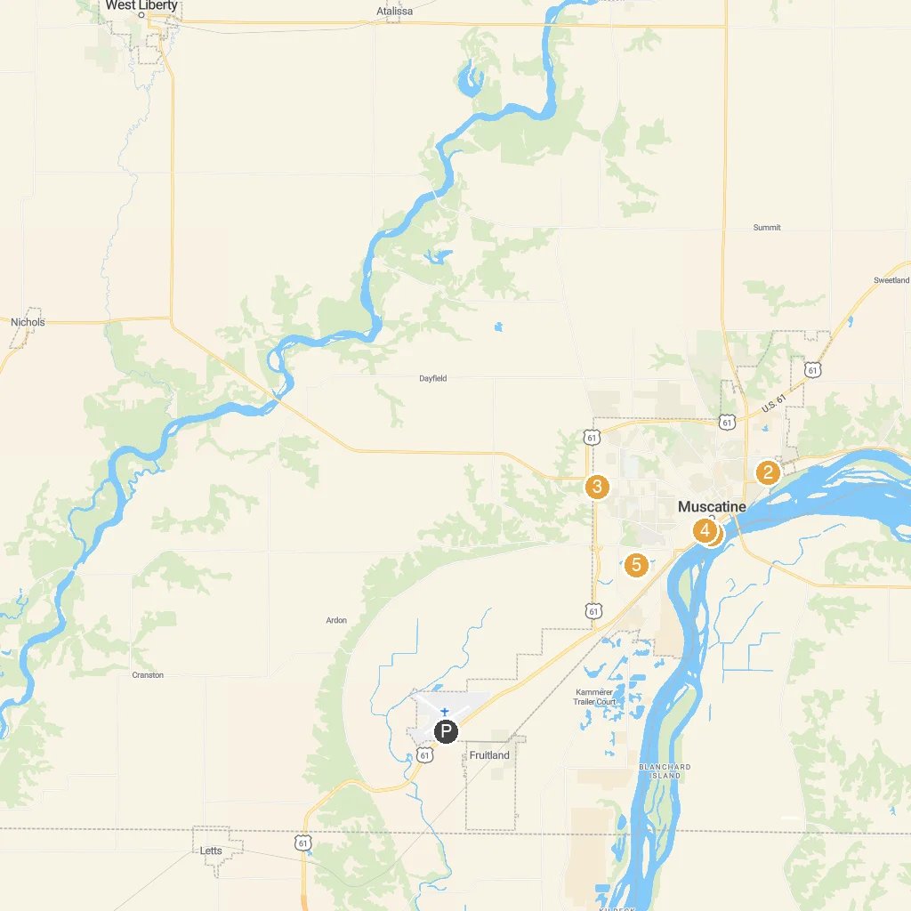 Muscatine, Iowa, USA map with numbered points of interest