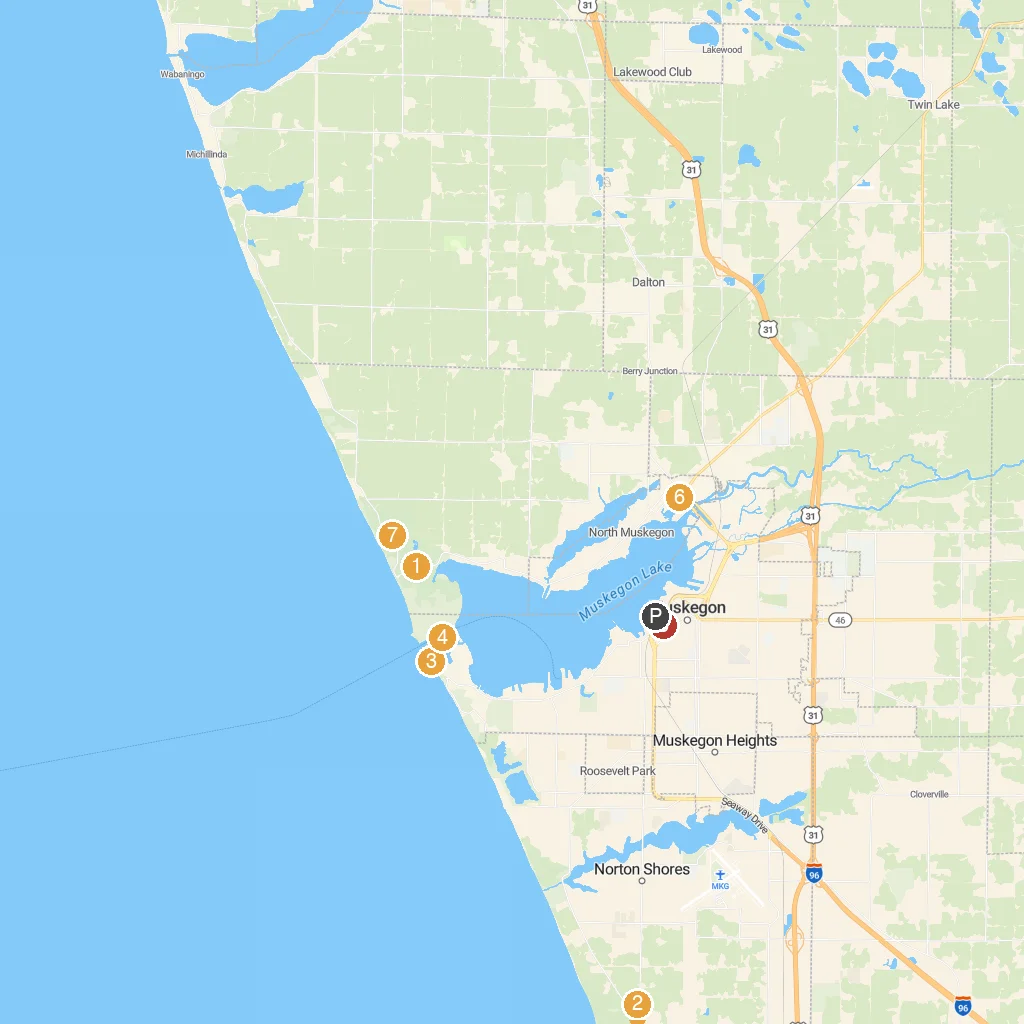 Muskegon, Michigan, USA map with numbered points of interest