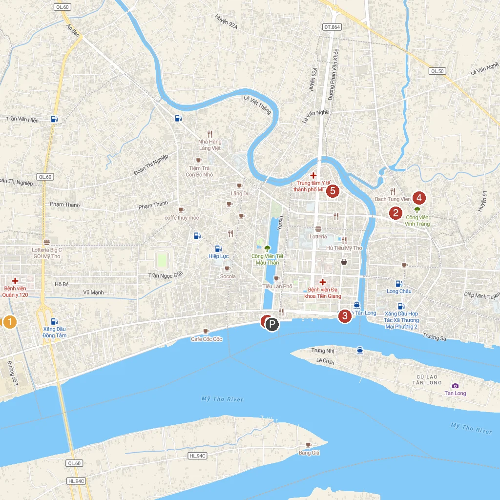 My Tho, Tien Giang, Vietnam map with numbered points of interest
