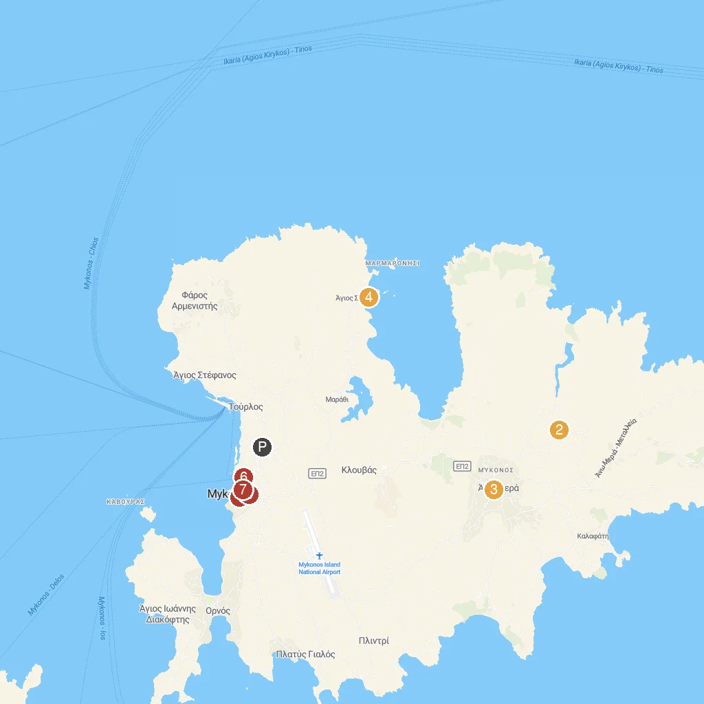 Mykonos, Greek Islands, Greece map with numbered points of interest