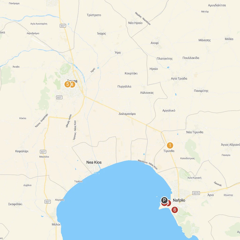 Nafplio, Argolis, Greece map with numbered points of interest