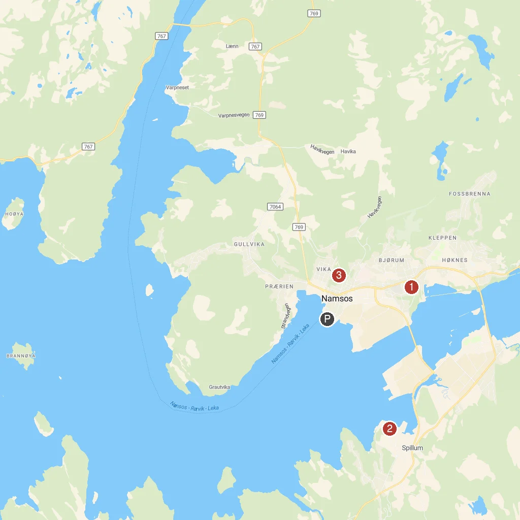 Namsos, Trøndelag, Norway map with numbered points of interest