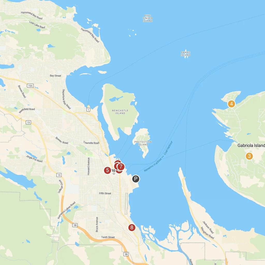Nanaimo, British Columbia, Canada map with numbered points of interest