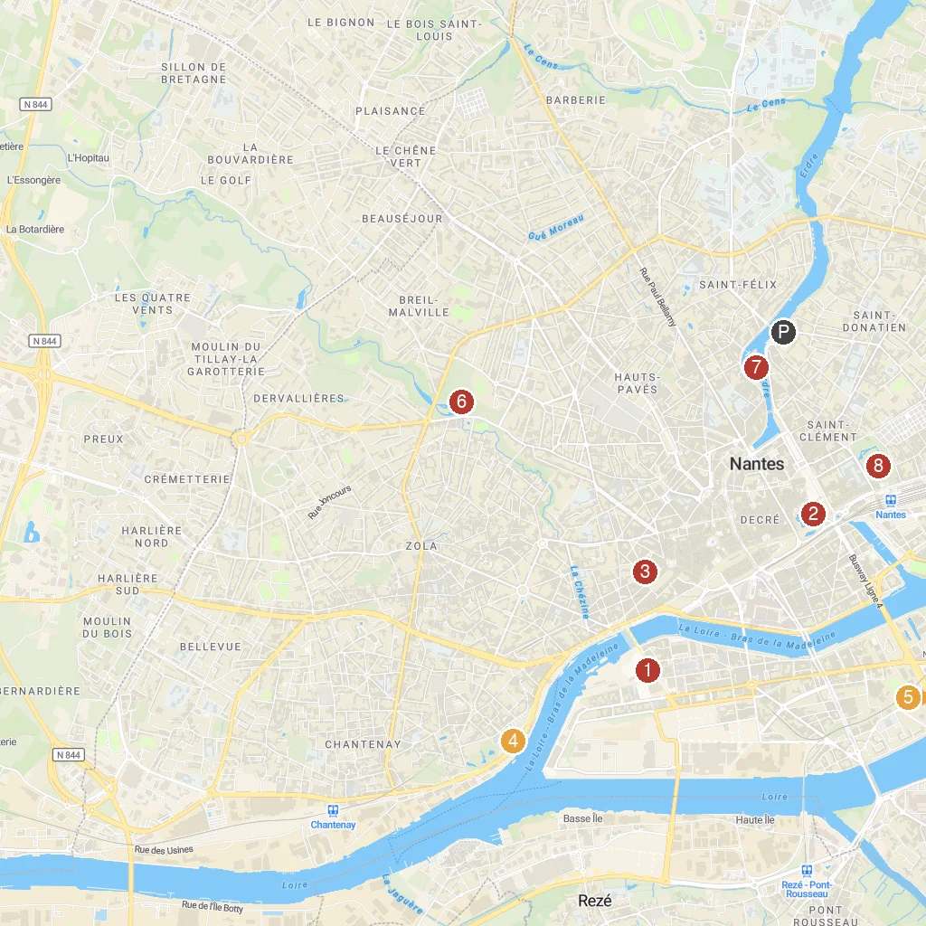 Nantes, Loire-Atlantique, France map with numbered points of interest