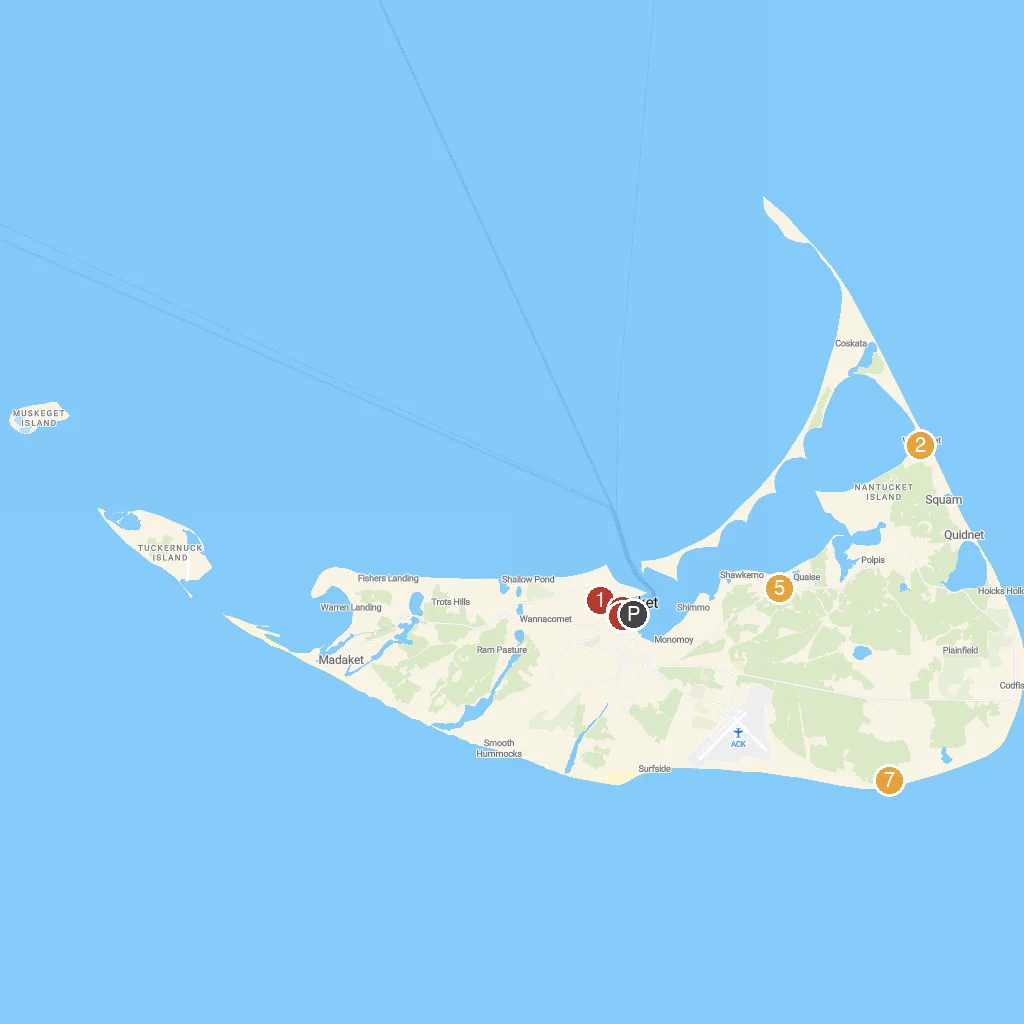 Nantucket, Massachusetts, USA map with numbered points of interest