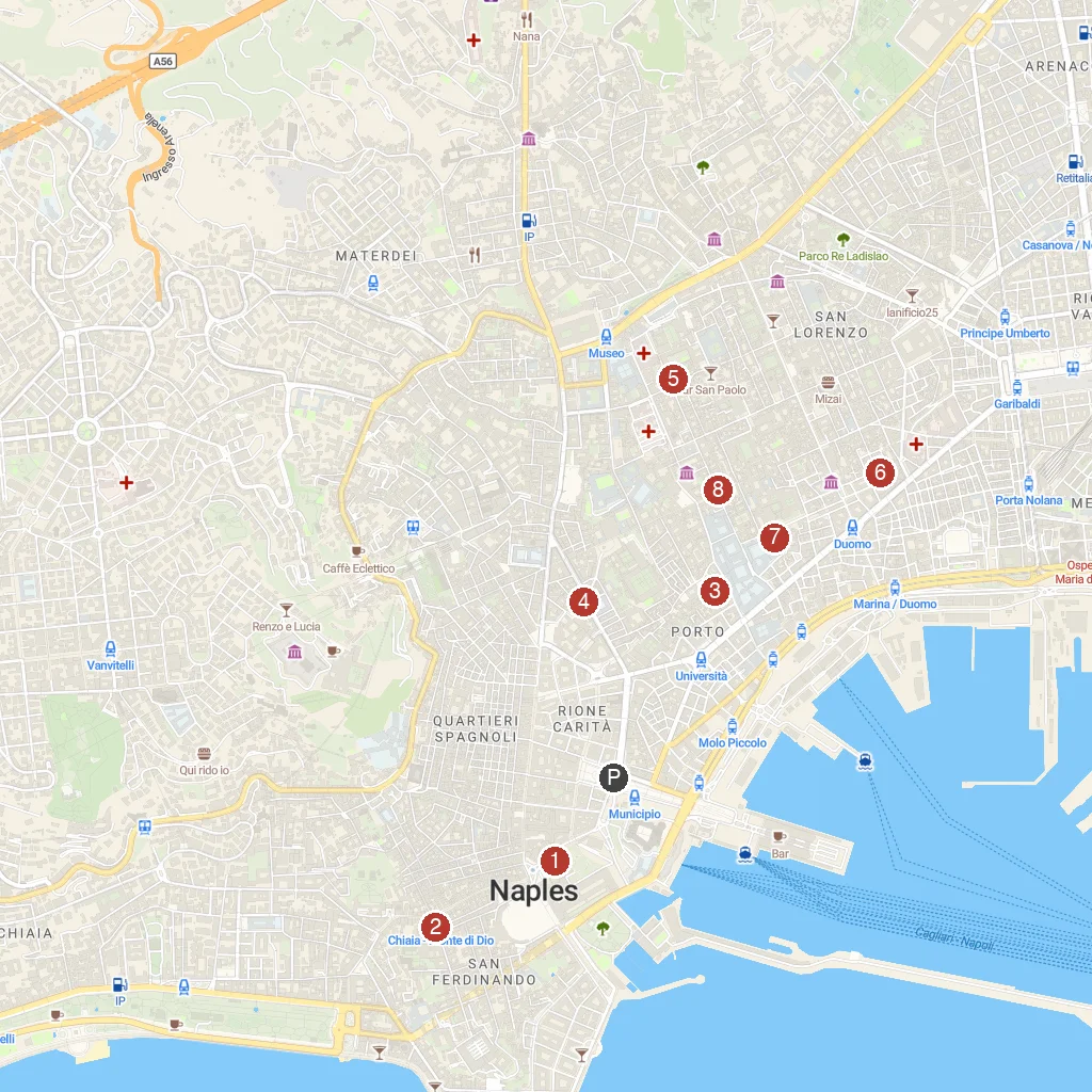 Naples, Campania, Italy map with numbered points of interest