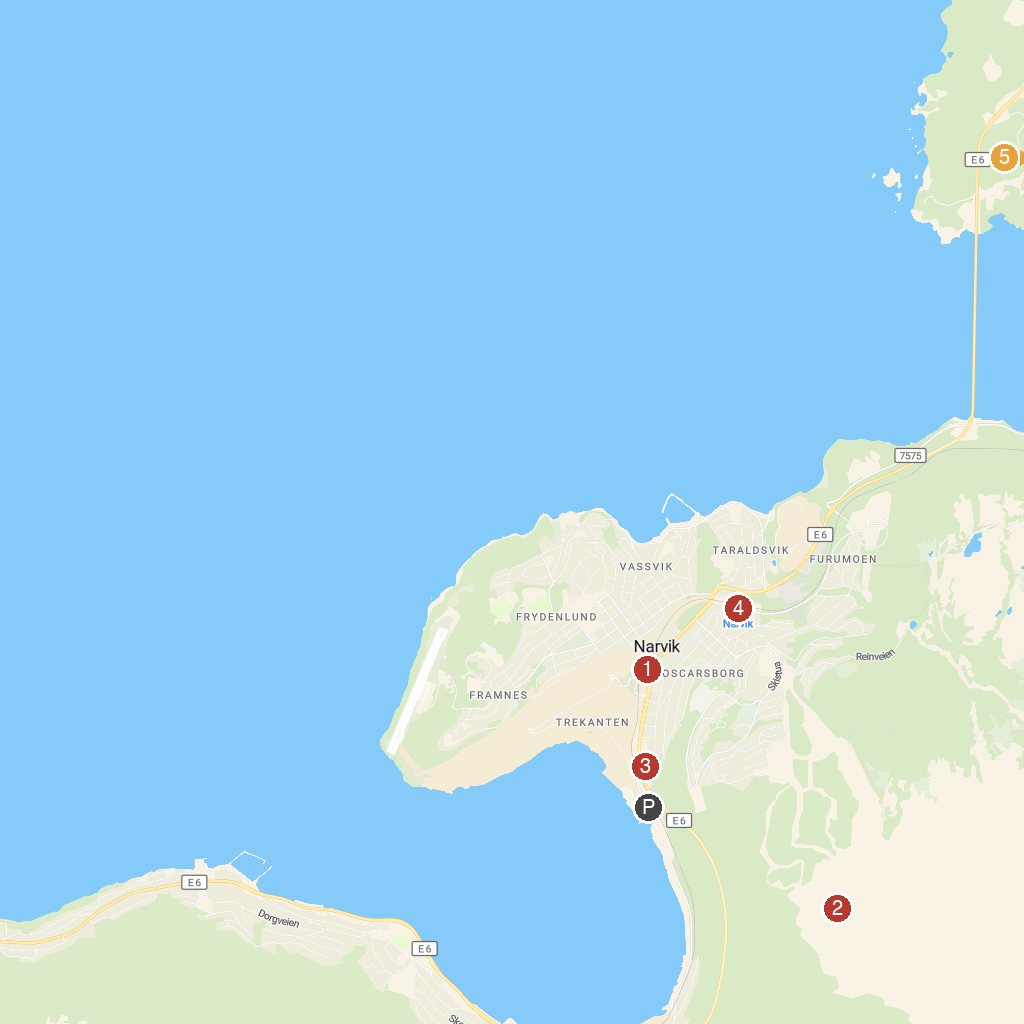 Narvik, Nordland, Norway map with numbered points of interest
