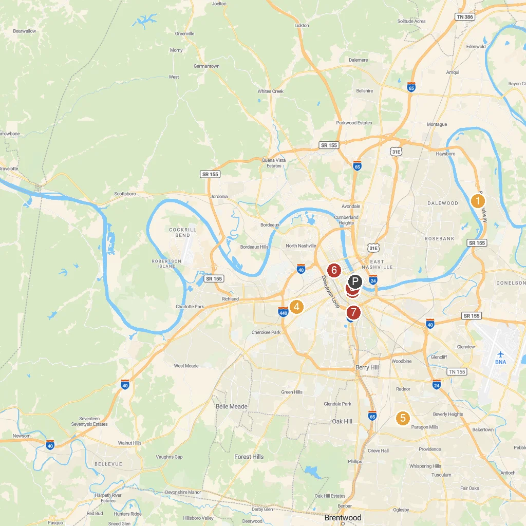 Nashville, Tennessee, USA map with numbered points of interest