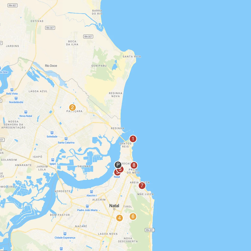 Natal, Rio Grande do Norte, Brazil map with numbered points of interest