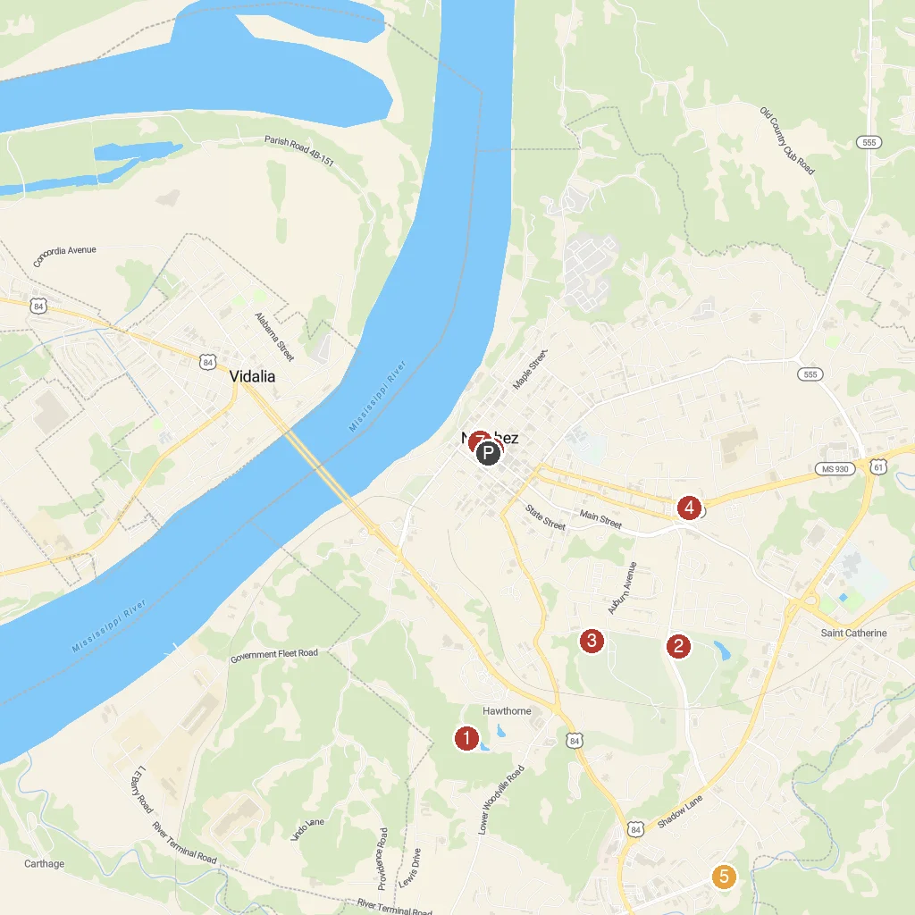 Natchez, Mississippi, USA map with numbered points of interest