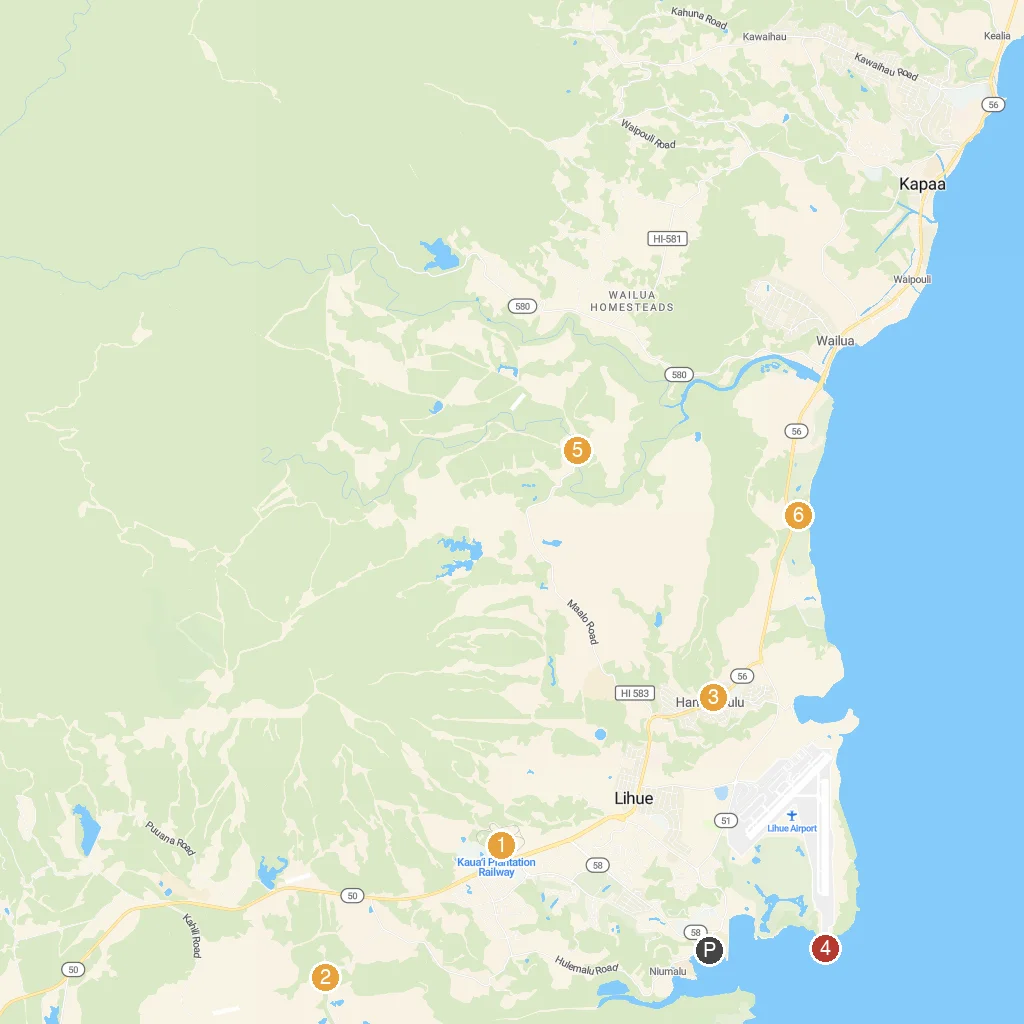 Nawiliwili, Kauai, Hawaii, USA map with numbered points of interest