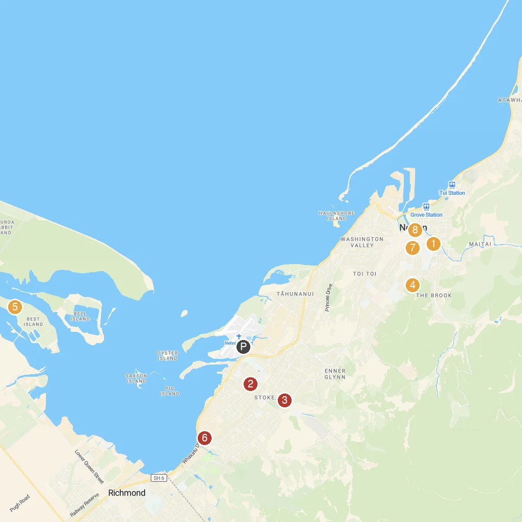 Nelson, South Island, New Zealand map with numbered points of interest