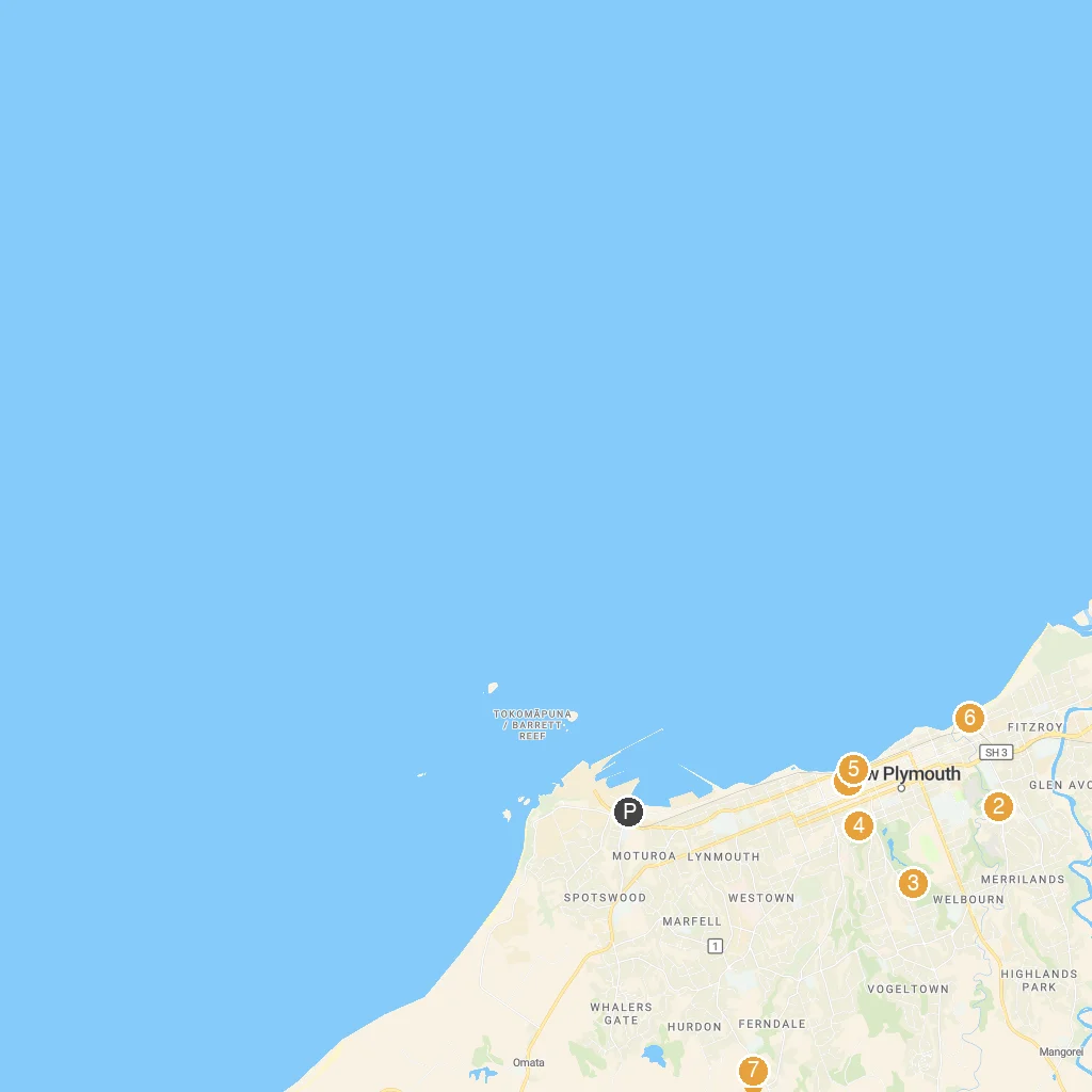 New Plymouth, Taranaki, New Zealand map with numbered points of interest