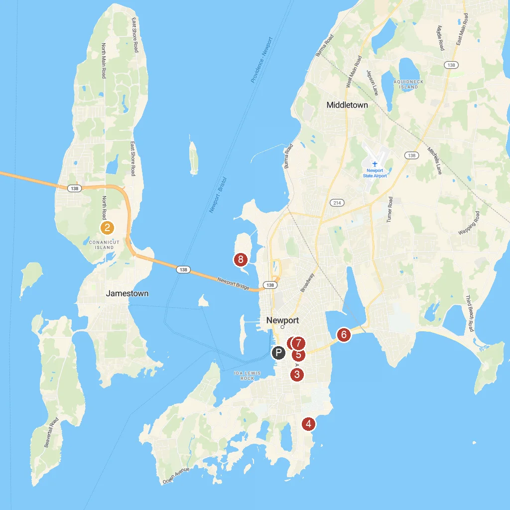 Newport, Rhode Island, USA map with numbered points of interest