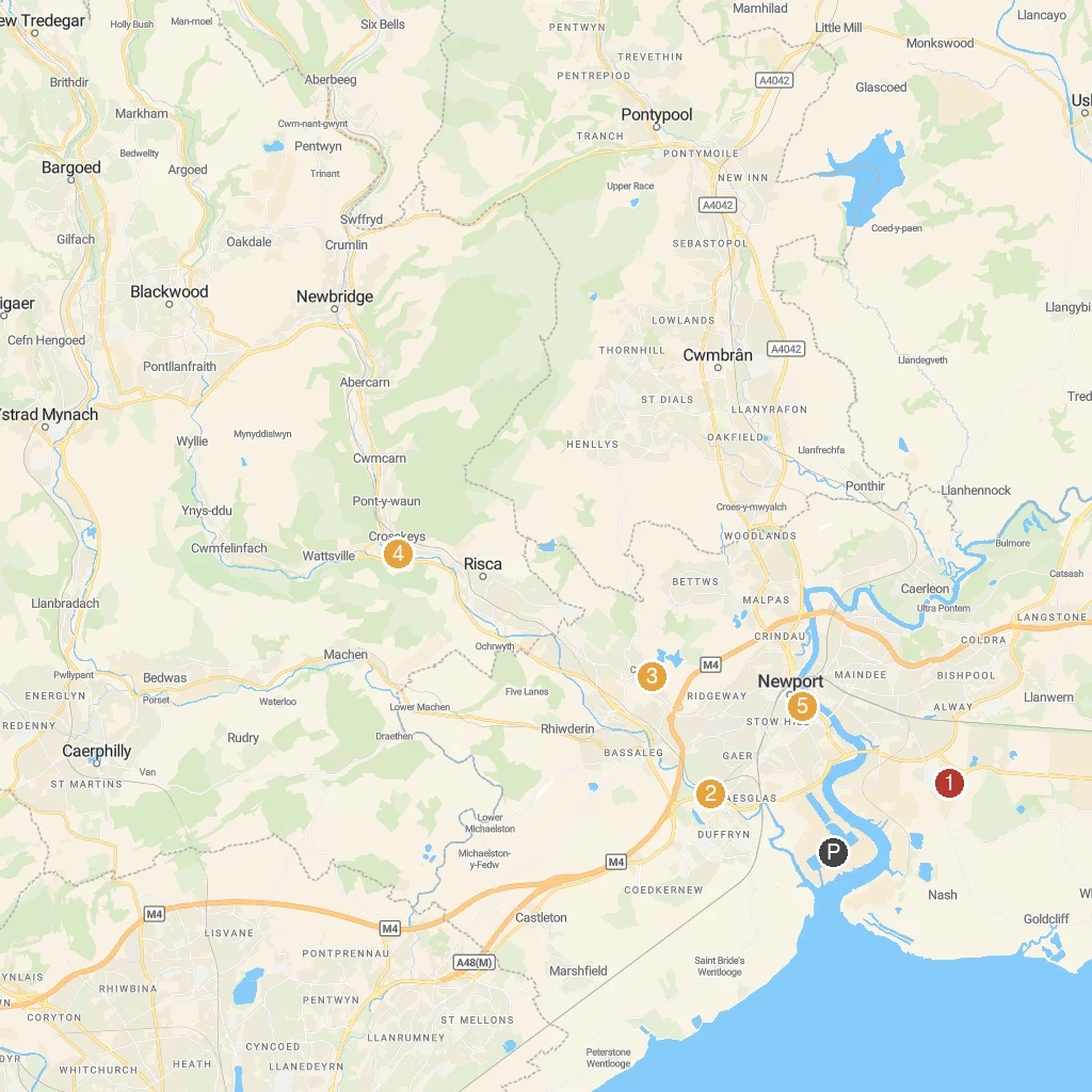 Newport, Wales, United Kingdom map with numbered points of interest