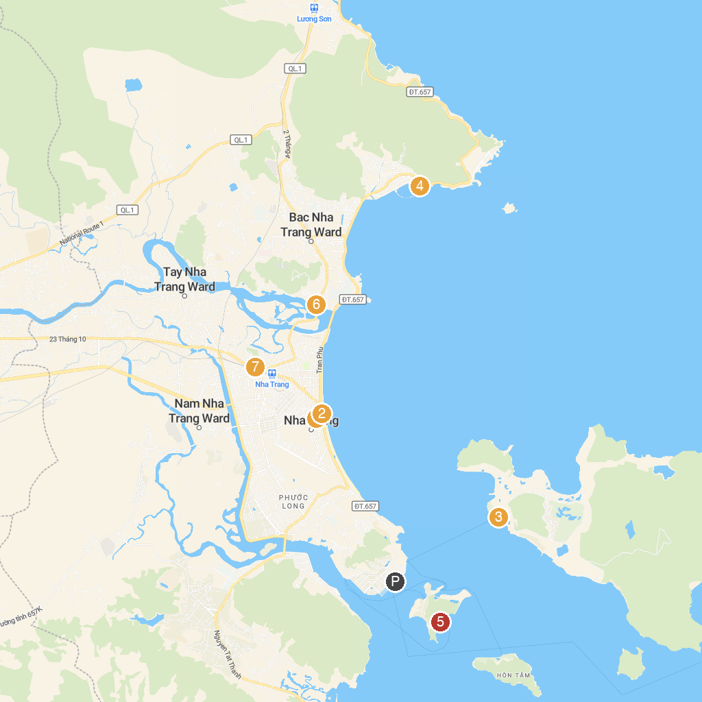 Nha Trang, Khánh Hòa, Vietnam map with numbered points of interest