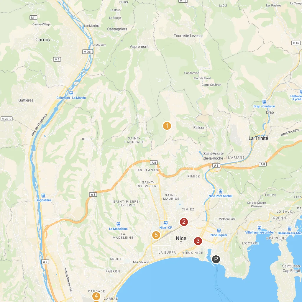 Nice, Côte d'Azur, France map with numbered points of interest