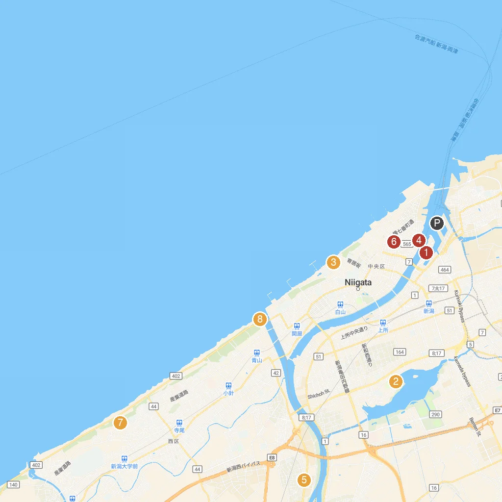 Niigata City, Niigata Prefecture, Japan map with numbered points of interest