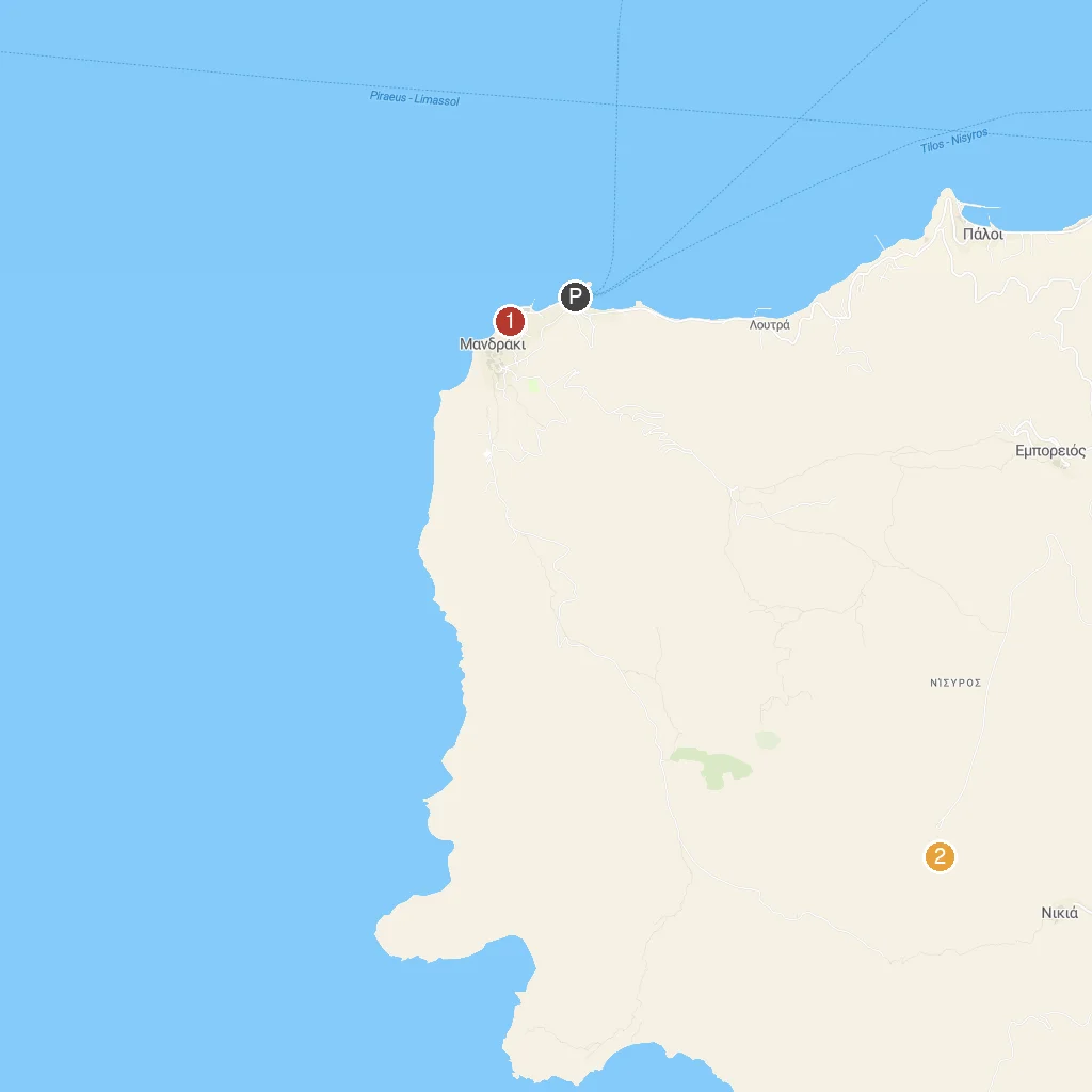 Nisyros Island, Dodecanese, Greece map with numbered points of interest
