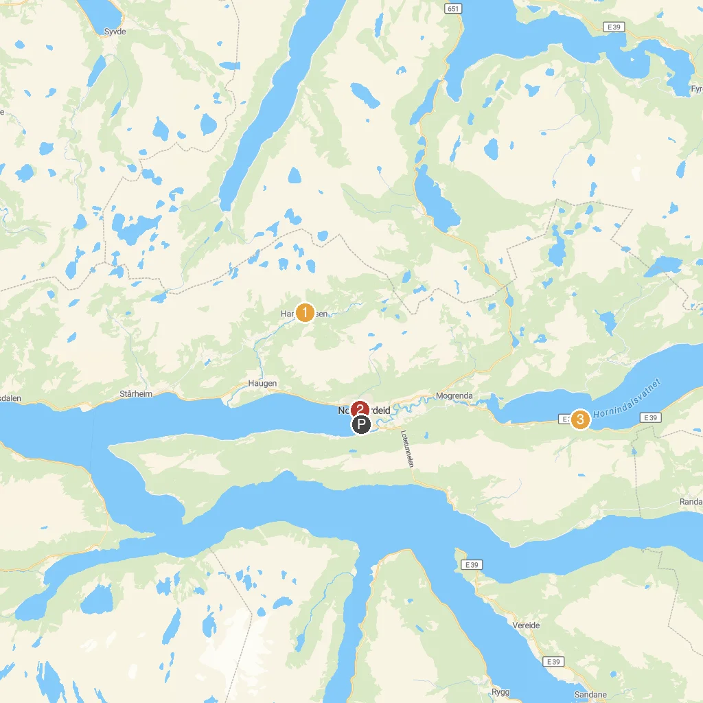 Nordfjordeid, Vestland, Norway map with numbered points of interest