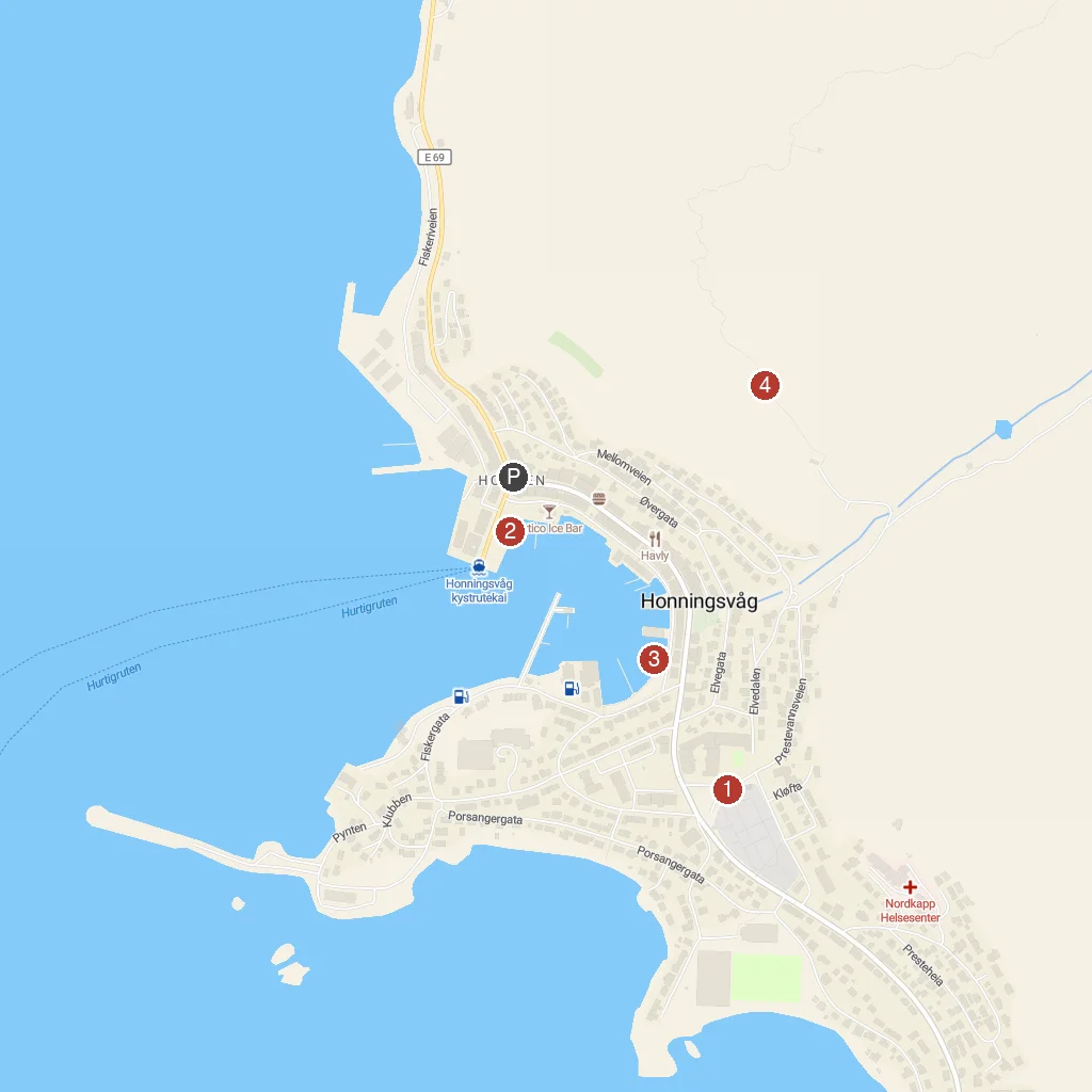 Nordkapp (North Cape), Finnmark, Norway map with numbered points of interest