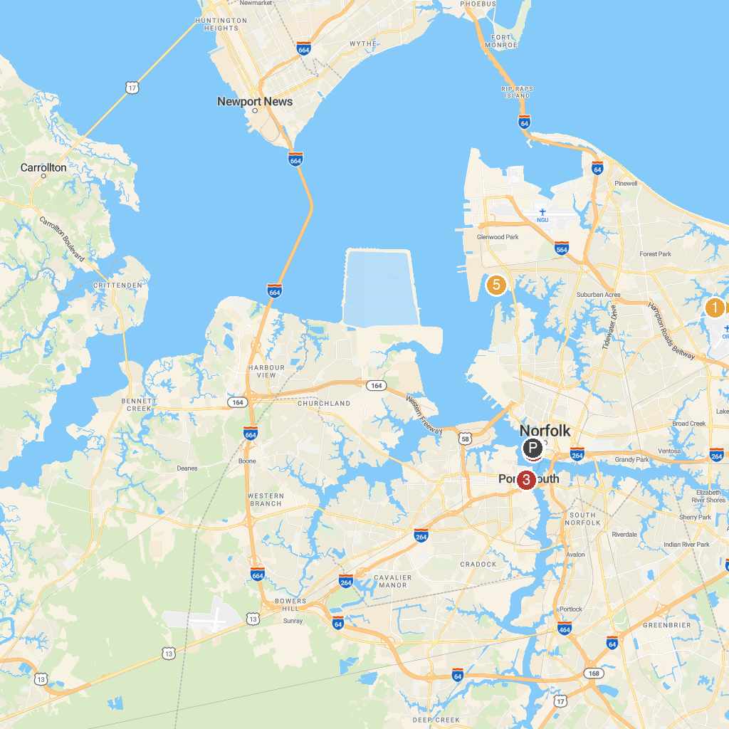 Norfolk, Virginia, USA map with numbered points of interest