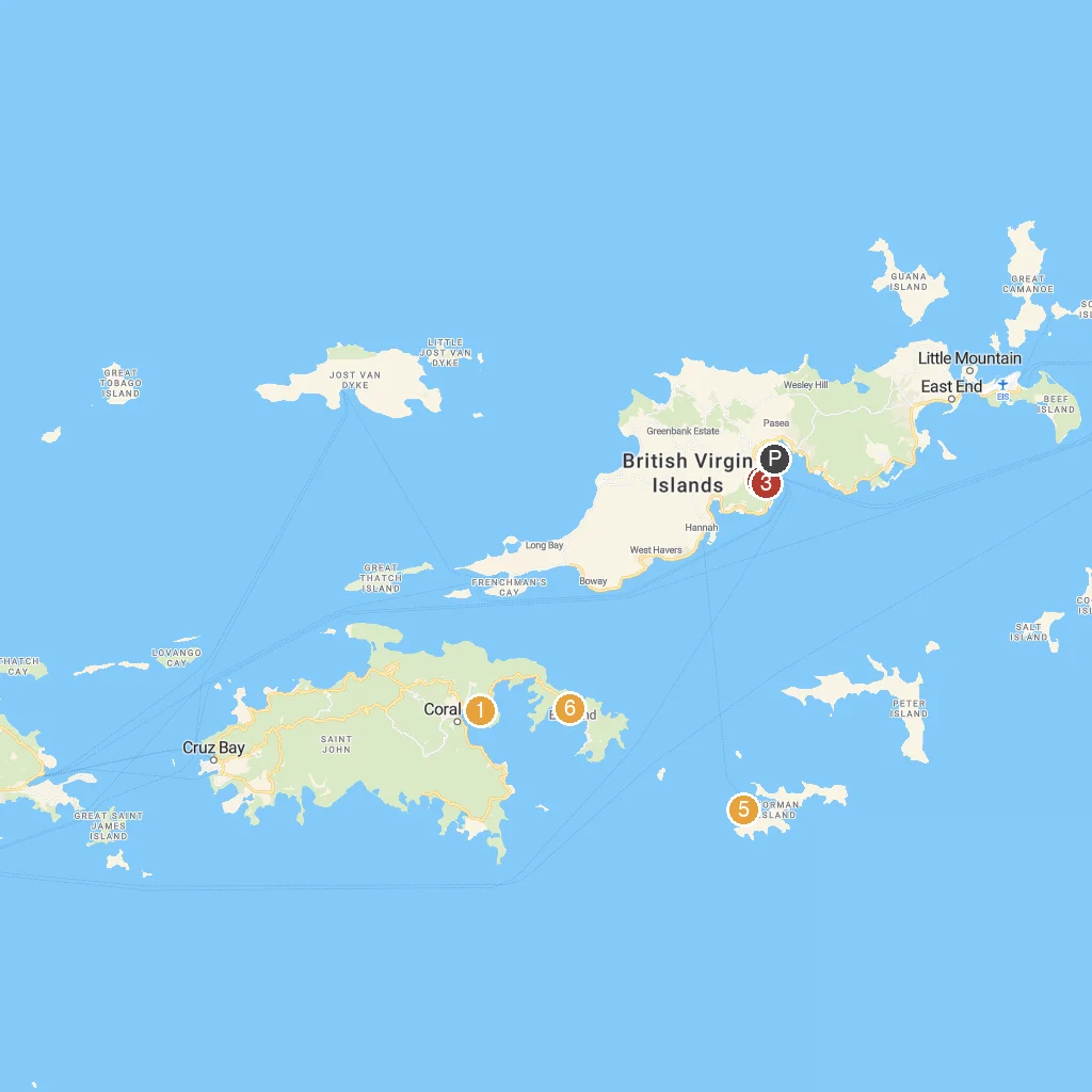 Norman Island, British Virgin Islands map with numbered points of interest