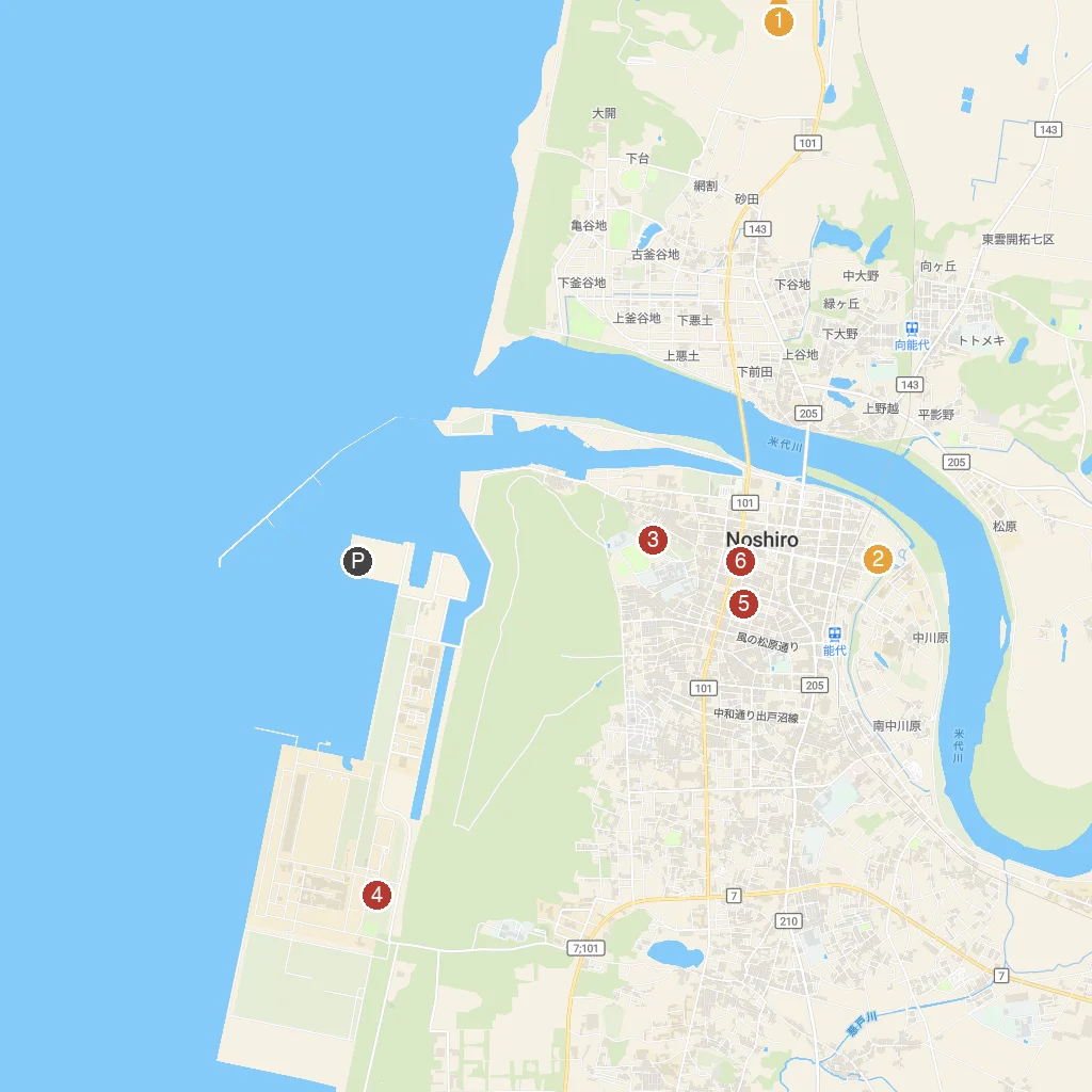 Noshiro, Akita, Japan map with numbered points of interest