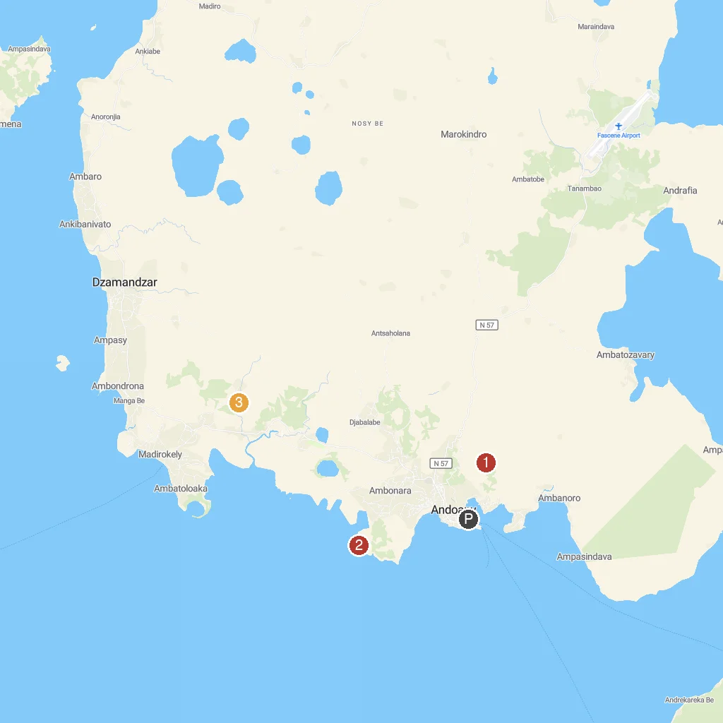 Nosy Be Island, Diana, Madagascar map with numbered points of interest
