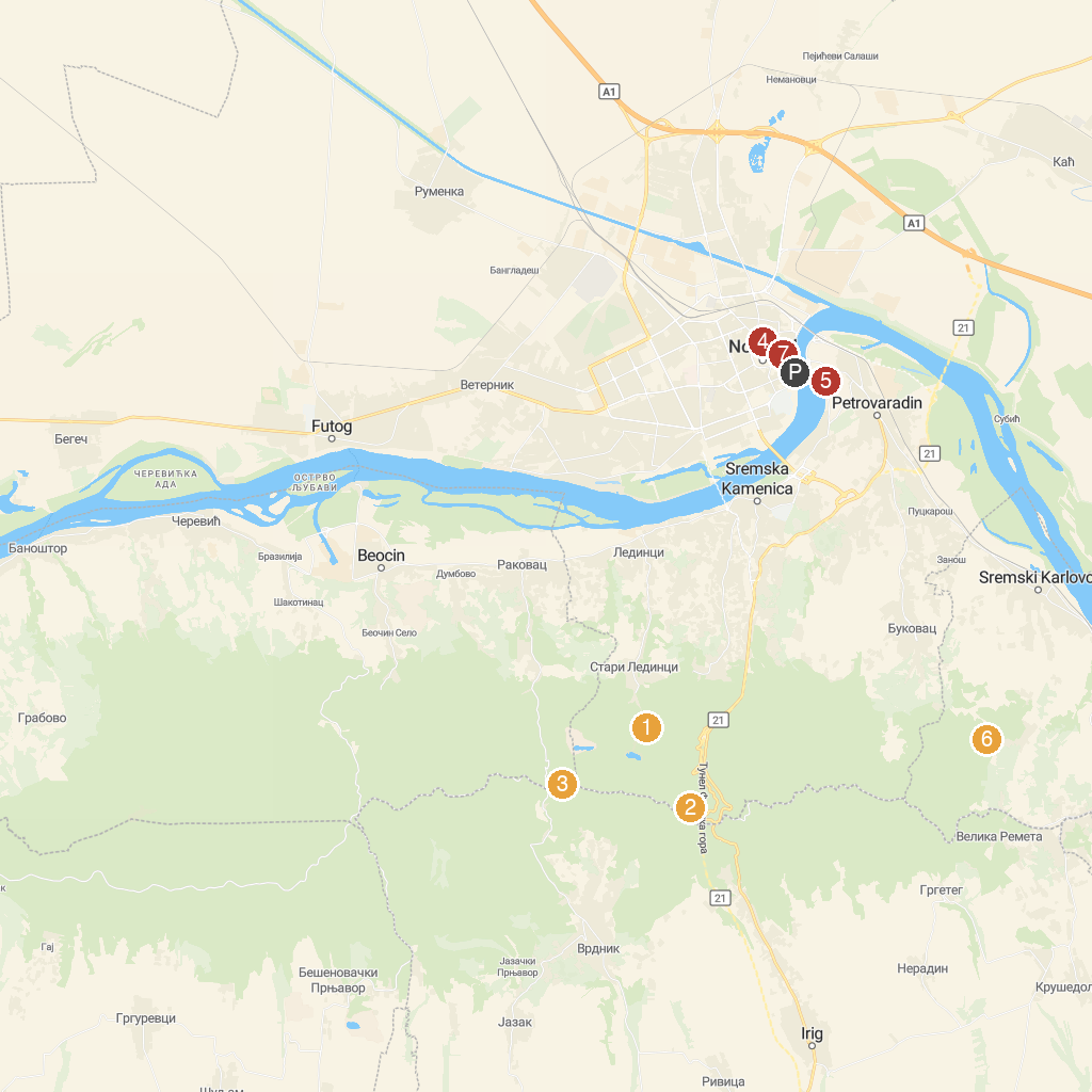 Novi Sad, Vojvodina, Serbia map with numbered points of interest