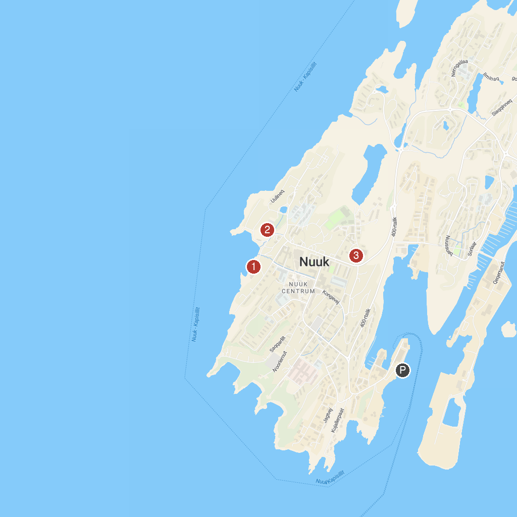 Nuuk, Greenland, Denmark map with numbered points of interest