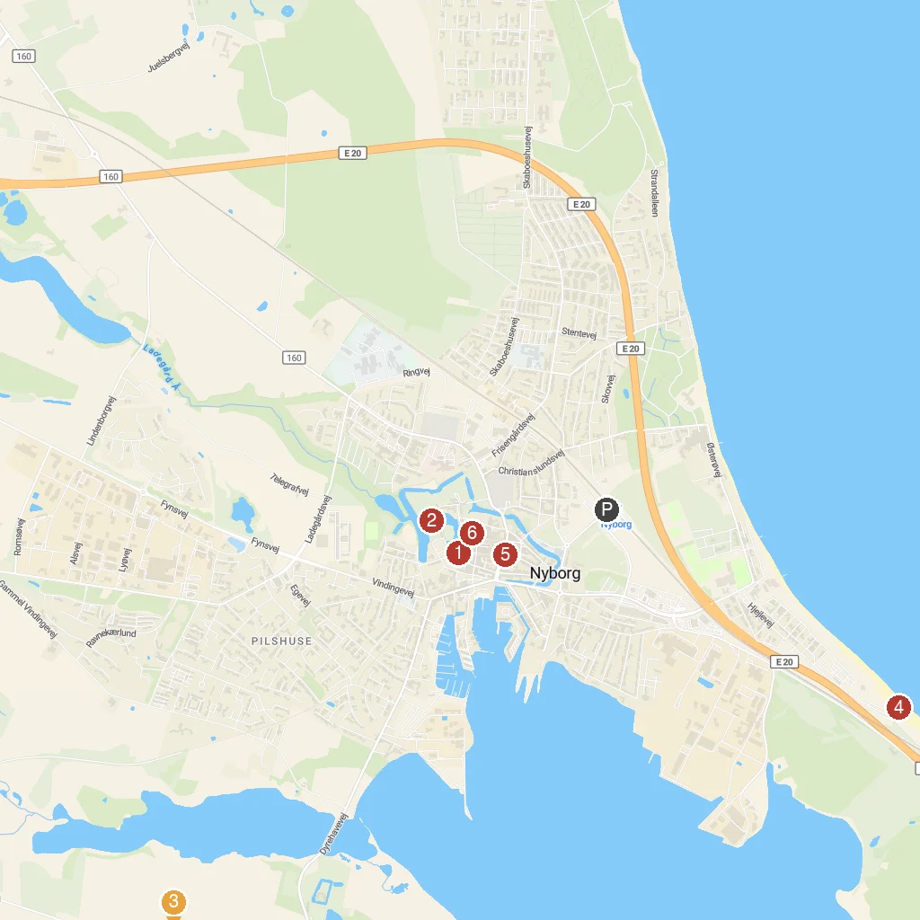 Nyborg, Funen, Denmark map with numbered points of interest