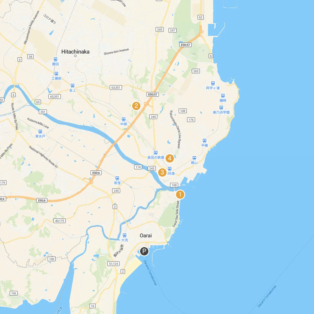 Oarai, Ibaraki, Japan map with numbered points of interest