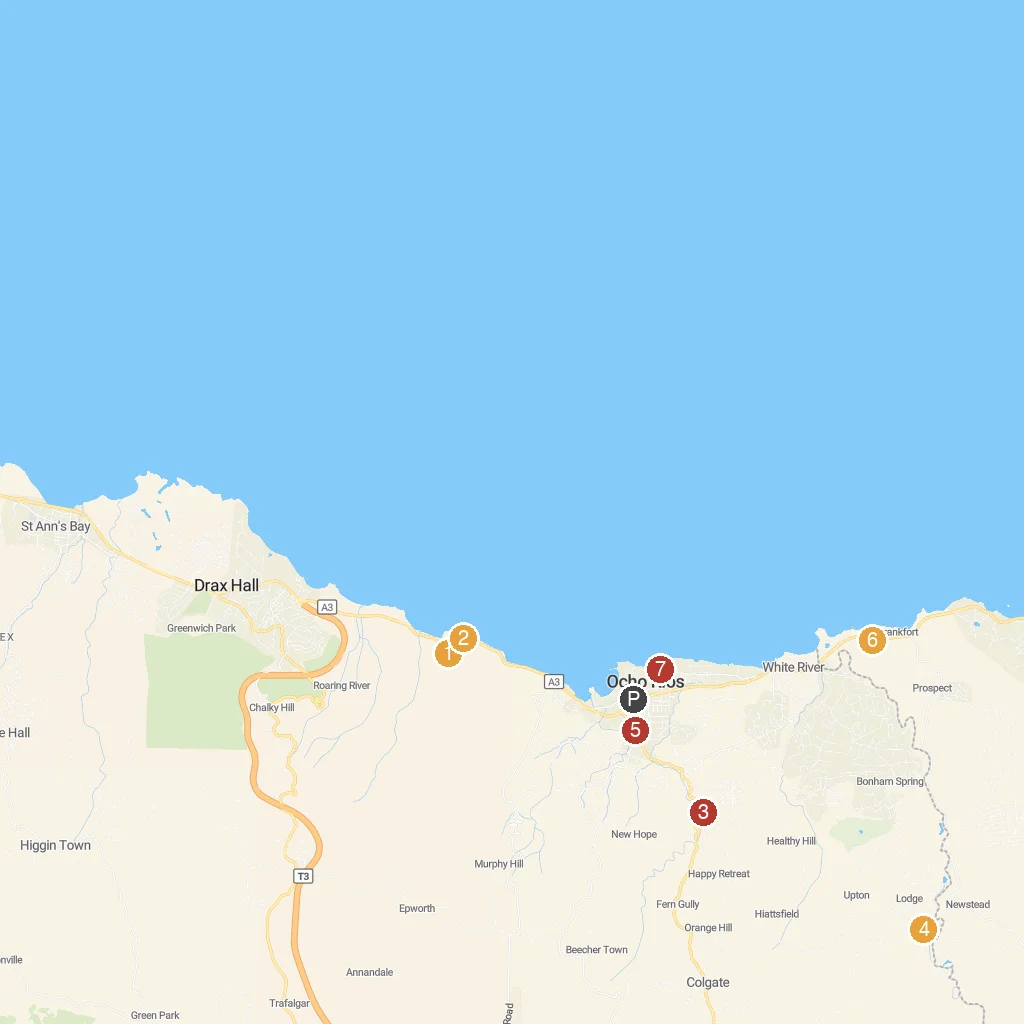 Ocho Rios, Saint Ann, Jamaica map with numbered points of interest