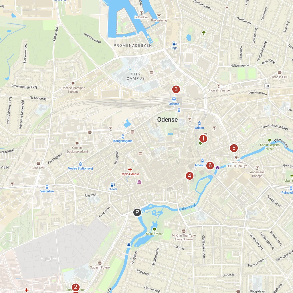 Odense, Funen, Denmark map with numbered points of interest