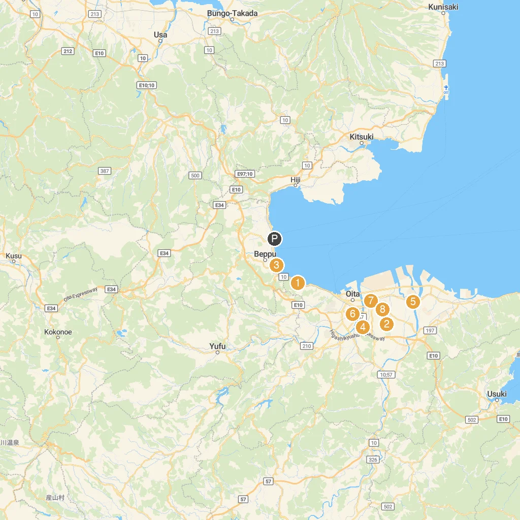 Oita City, Kyushu, Japan map with numbered points of interest