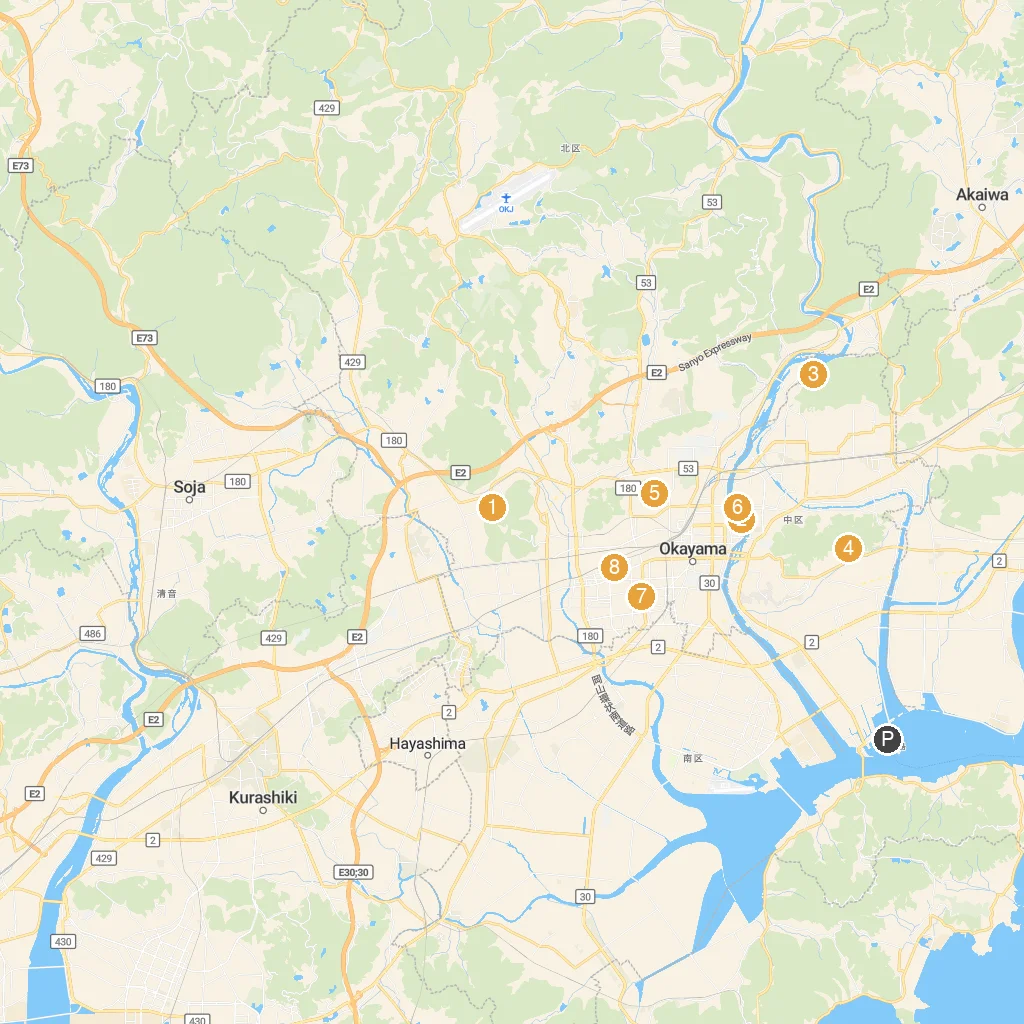 Okayama City, Okayama, Japan map with numbered points of interest