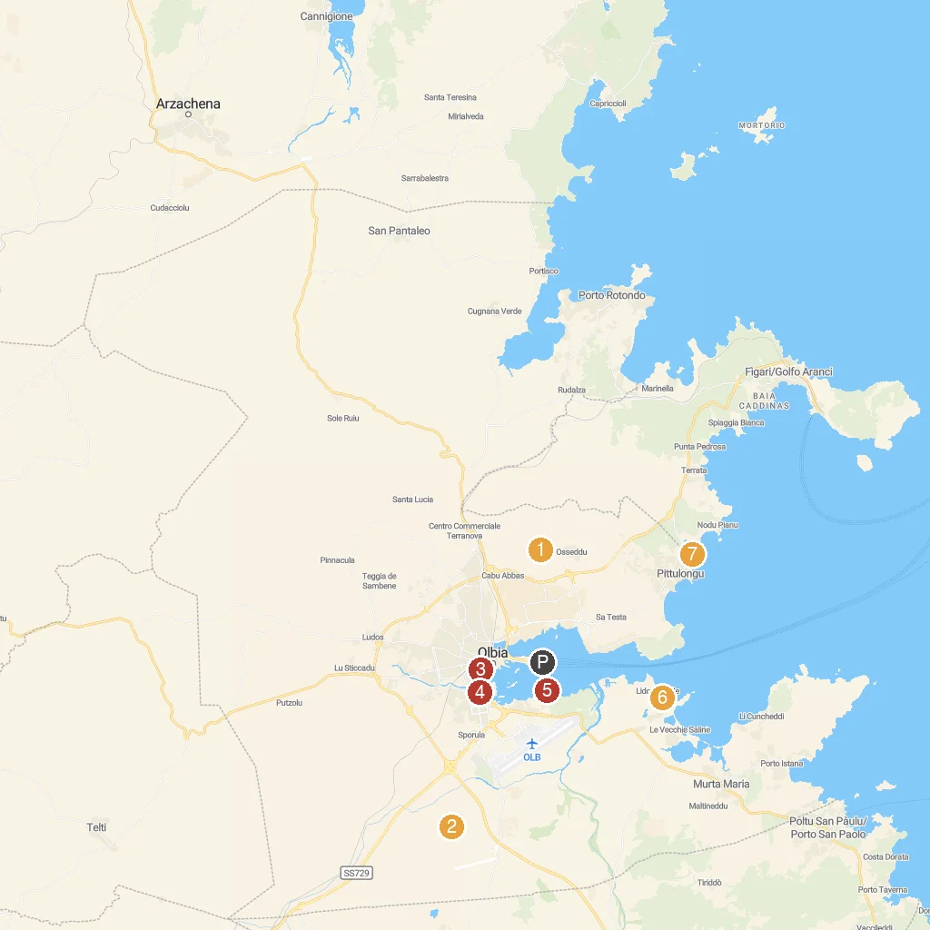 Olbia, Sardinia, Italy map with numbered points of interest