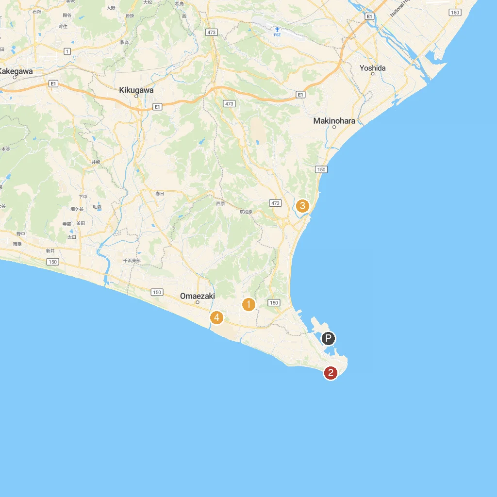Omaezaki, Shizuoka, Japan map with numbered points of interest